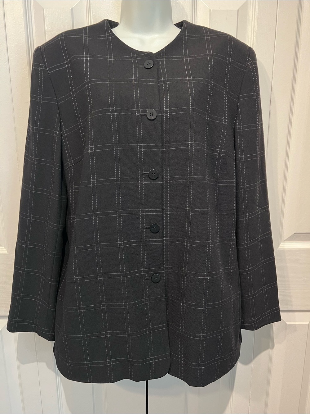 Talbots Vintage Black Windowpane Check Wool Blazer Size 16